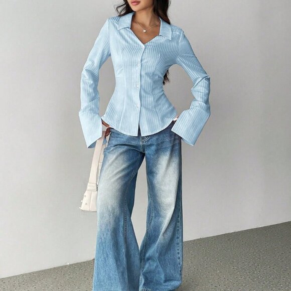 blue Casual Women's Turndown Collar Long Sleeve button down shirt - Picture 4 of 6